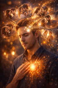 Pessoa com os olhos fechados segurando o coração iluminado, enquanto lembranças de momentos felizes com outra pessoa surgem ao redor da cabeça, simbolizando saudade, memória afetiva e conexão emocional profunda.
