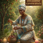 Sacerdotisa de religião afro-brasileira realizando encantaria para acalmar a pessoa amada com batata doce e elementos sagrados em um jardim místico.