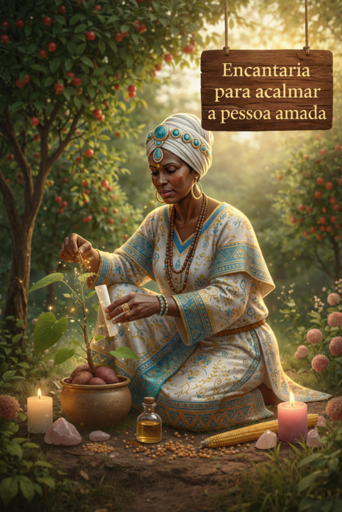 Sacerdotisa de religião afro-brasileira realizando encantaria para acalmar a pessoa amada com batata doce e elementos sagrados em um jardim místico.