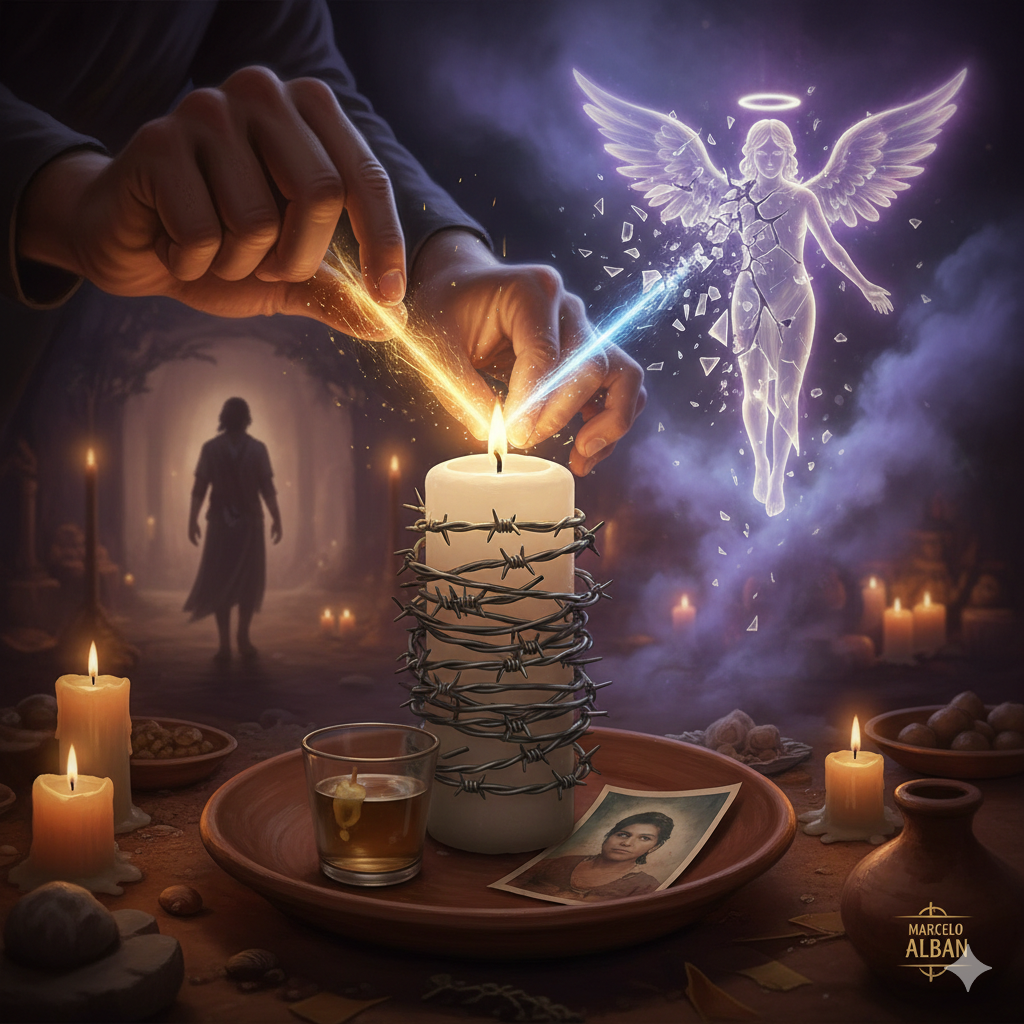 Mestre Marcelo Alban realizando encantaria de quebra de força espiritual com vela e arame farpado para afastar negatividade. e quebrar o anjo da guarda