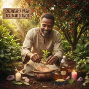 Magista realizando a encantaria para acalmar a pessoa amada com batata doce e elementos místicos de adoçamento.