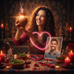 Mulher feliz realizando ritual de Amarração Amorosa para trazer o amor de volta.