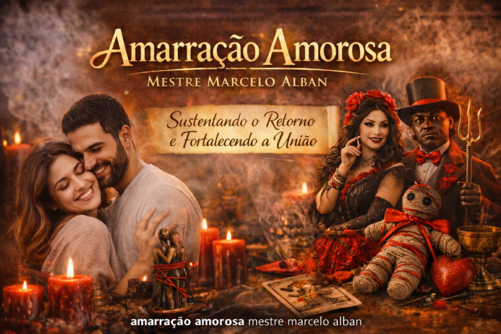 Casal feliz reunido após amarração amorosa Mestre Marcelo Alban com presença espiritual de Pombogira e Exu fortalecendo a união