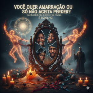 Imagem mística com espelho quebrado refletindo rostos em agonia, representando as consequências de uma amarração forçada. Ao lado, o Mestre Marcelo Alban observa ritos de encantaria com velas e mel, alertando que simpatia não substitui o fundamento espiritual.