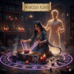 Mulher realizando ritual de amarração amorosa com elementos espirituais, velas e símbolos de união.