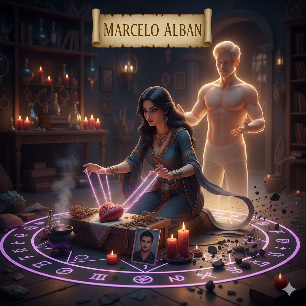 Mulher realizando ritual de amarração amorosa com elementos espirituais, velas e símbolos de união.