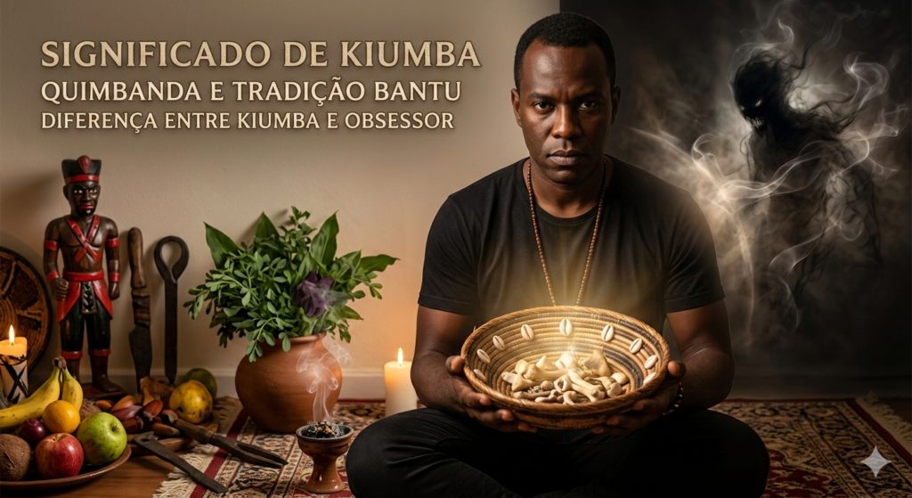 Mestre Marcelo Alban sentado de frente para um altar de Quimbanda, segurando um oráculo de búzios iluminado. No fundo, há ervas sagradas e a representação visual de um kiumba (entidade sombria) se dissolvendo.