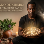 Mestre Marcelo Alban sentado de frente para um altar de Quimbanda, segurando um oráculo de búzios iluminado. No fundo, há ervas sagradas e a representação visual de um kiumba (entidade sombria) se dissolvendo.