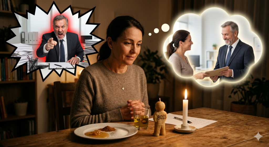 Uma fiel sentada à mesa realizando uma encantaria para acalmar chefe com os elementos de mel, canela e boneco de cera, mentalizando o patrão bravo mudando para calmo.