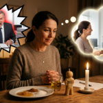 Uma fiel sentada à mesa realizando uma encantaria para acalmar chefe com os elementos de mel, canela e boneco de cera, mentalizando o patrão bravo mudando para calmo.