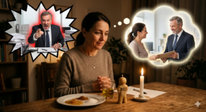 Uma fiel sentada à mesa realizando uma encantaria para acalmar chefe com os elementos de mel, canela e boneco de cera, mentalizando o patrão bravo mudando para calmo.