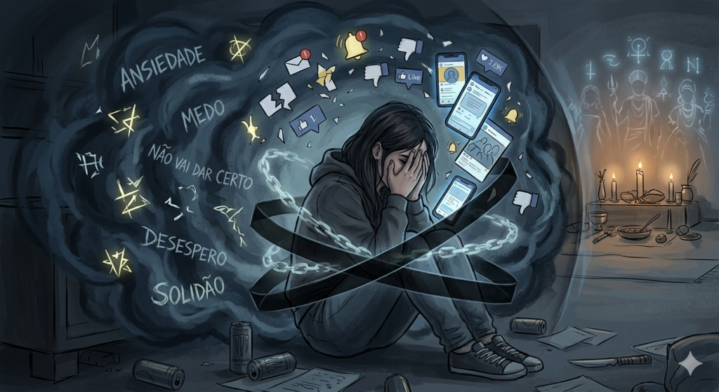 Ilustração detalhada da Síndrome do Desespero e o Bloqueio Espiritual: uma mulher angustiada cercada por uma névoa de pensamentos caóticos, redes sociais e correntes invisíveis que travam a amarração amorosa, conforme ensinado pelo Mestre Marcelo Alban.