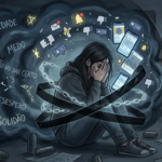 Ilustração detalhada da Síndrome do Desespero e o Bloqueio Espiritual: uma mulher angustiada cercada por uma névoa de pensamentos caóticos, redes sociais e correntes invisíveis que travam a amarração amorosa, conforme ensinado pelo Mestre Marcelo Alban.