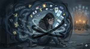 Ilustração detalhada da Síndrome do Desespero e o Bloqueio Espiritual: uma mulher angustiada cercada por uma névoa de pensamentos caóticos, redes sociais e correntes invisíveis que travam a amarração amorosa, conforme ensinado pelo Mestre Marcelo Alban.