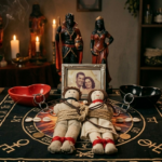 Fotografia fotorrealista de um altar místico de Quimbanda preparado para um ritual de amarração amorosa. No centro, dois bonecos de pano estão unidos e amarrados com cordas, deitados sobre um pano ritualístico com símbolos astrológicos e cowries. Atrás, estátuas de Exu e Pomba Gira ladeiam a foto de um casal em uma moldura de prata. Ao redor, há uma rosa vermelha em um vaso, velas acesas, um incenso aceso e pratos ritualísticos vermelhos e pretos com correntes, simbolizando a força da amarração espiritual.