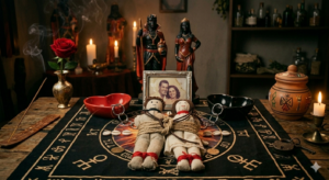 Fotografia fotorrealista de um altar místico de Quimbanda preparado para um ritual de amarração amorosa. No centro, dois bonecos de pano estão unidos e amarrados com cordas, deitados sobre um pano ritualístico com símbolos astrológicos e cowries. Atrás, estátuas de Exu e Pomba Gira ladeiam a foto de um casal em uma moldura de prata. Ao redor, há uma rosa vermelha em um vaso, velas acesas, um incenso aceso e pratos ritualísticos vermelhos e pretos com correntes, simbolizando a força da amarração espiritual.