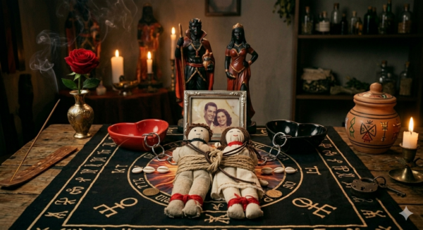 Fotografia fotorrealista de um altar místico de Quimbanda preparado para um ritual de amarração amorosa. No centro, dois bonecos de pano estão unidos e amarrados com cordas, deitados sobre um pano ritualístico com símbolos astrológicos e cowries. Atrás, estátuas de Exu e Pomba Gira ladeiam a foto de um casal em uma moldura de prata. Ao redor, há uma rosa vermelha em um vaso, velas acesas, um incenso aceso e pratos ritualísticos vermelhos e pretos com correntes, simbolizando a força da amarração espiritual.