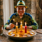 Mestre Marcelo Alban sorridente realizando o ritual para abrir caminhos com velas amarela, vermelha e preta sobre prato com açúcar, açafrão e moedas.